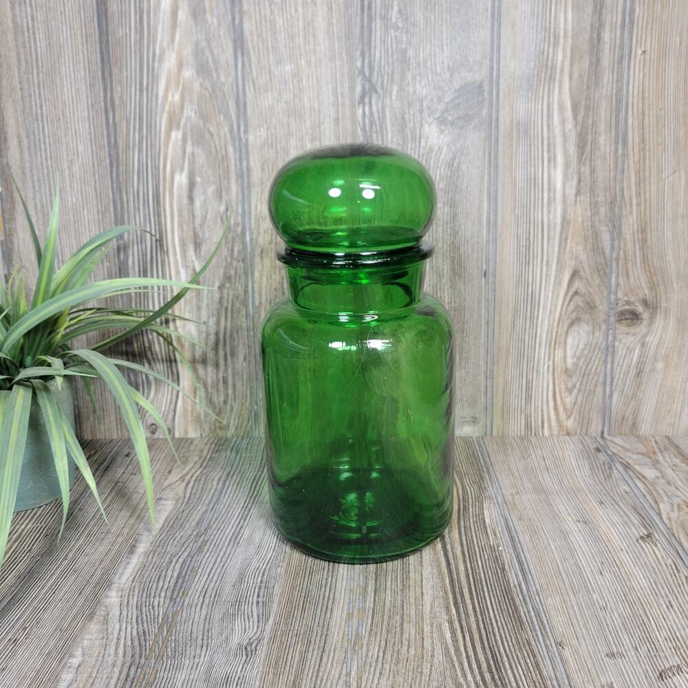 Vintage Green Glass Apothecary Jar Bubble Lid Canister MCM Storage (Chip)